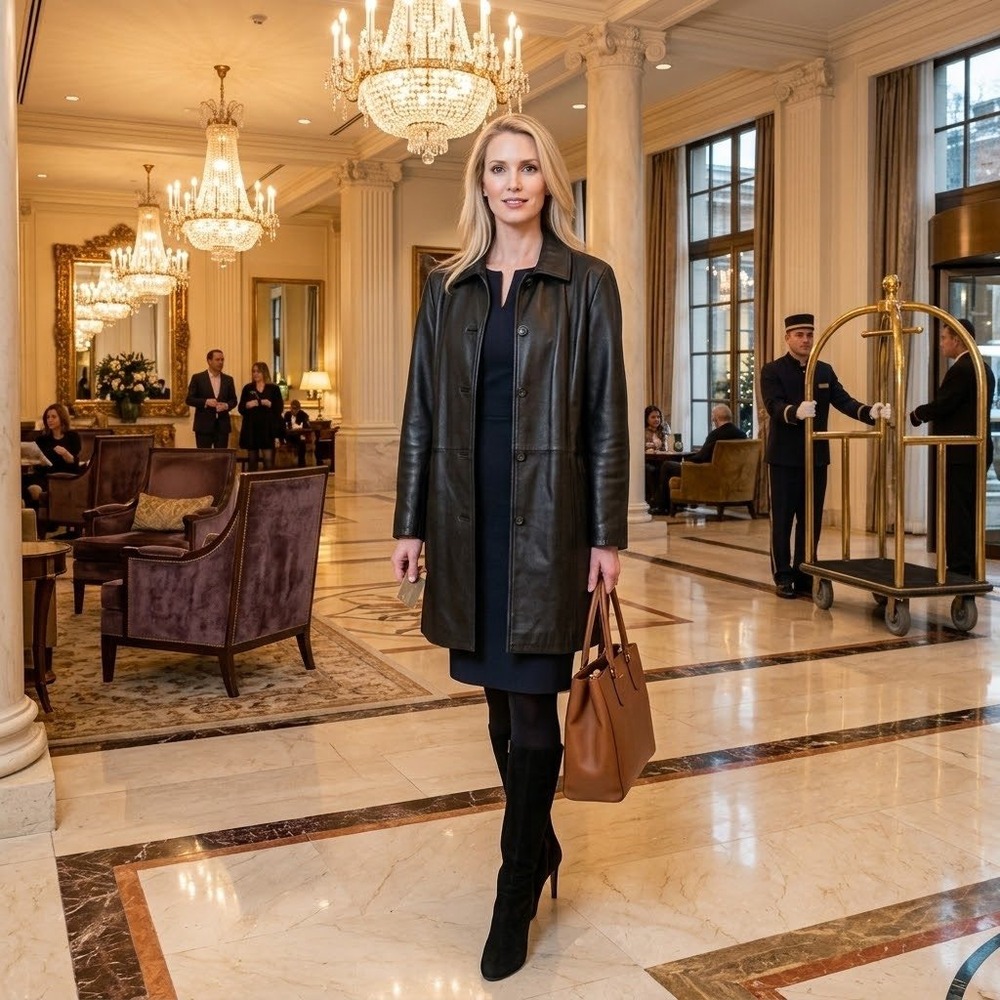 Gallery Black Genuine Leather Car Coat Button Front Mid Length Jacket Womens L
